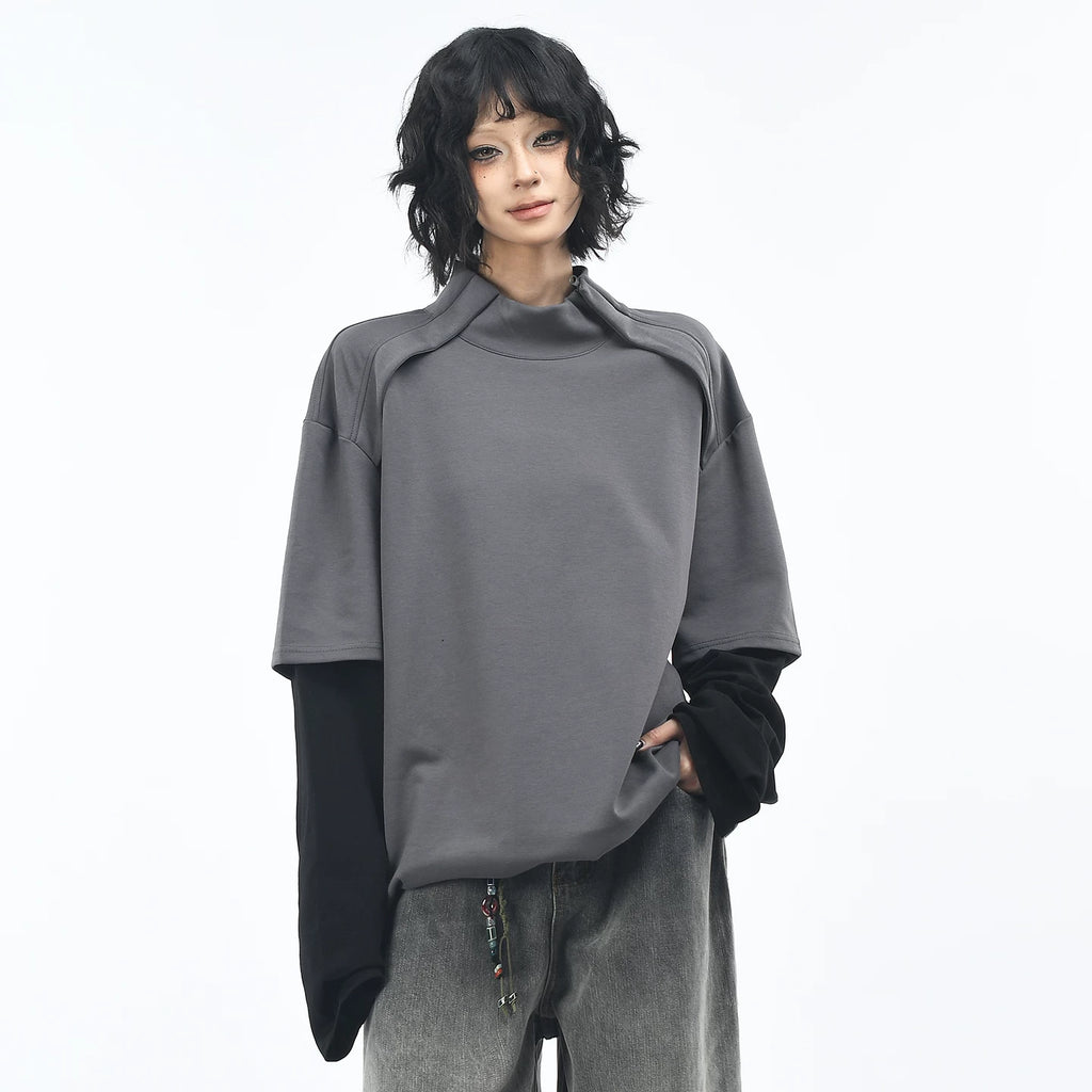 OV original/American retro fake two-piece spliced long sleeved T-shirt for men and women in autumn, loose half neck base shirt top