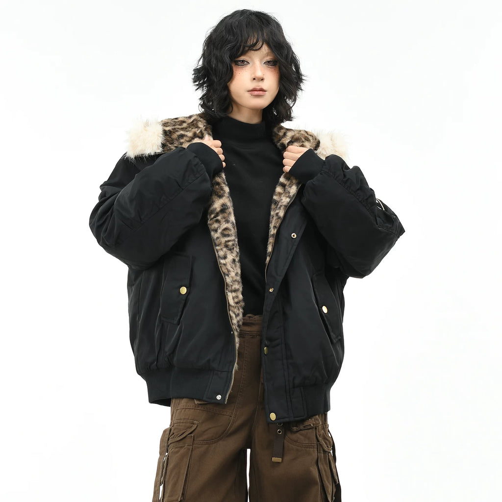 OV original American leopard print mountain carved fur collar hooded cotton jacket for women in winter, loose fitting cotton jacket for men, flying cotton jacket