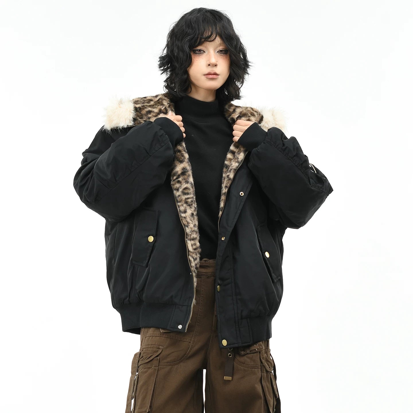 OV original American leopard print mountain carved fur collar hooded cotton jacket for women in winter, loose fitting cotton jacket for men, flying cotton jacket