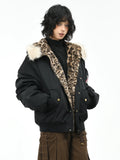 OV original American leopard print mountain carved fur collar hooded cotton jacket for women in winter, loose fitting cotton jacket for men, flying cotton jacket