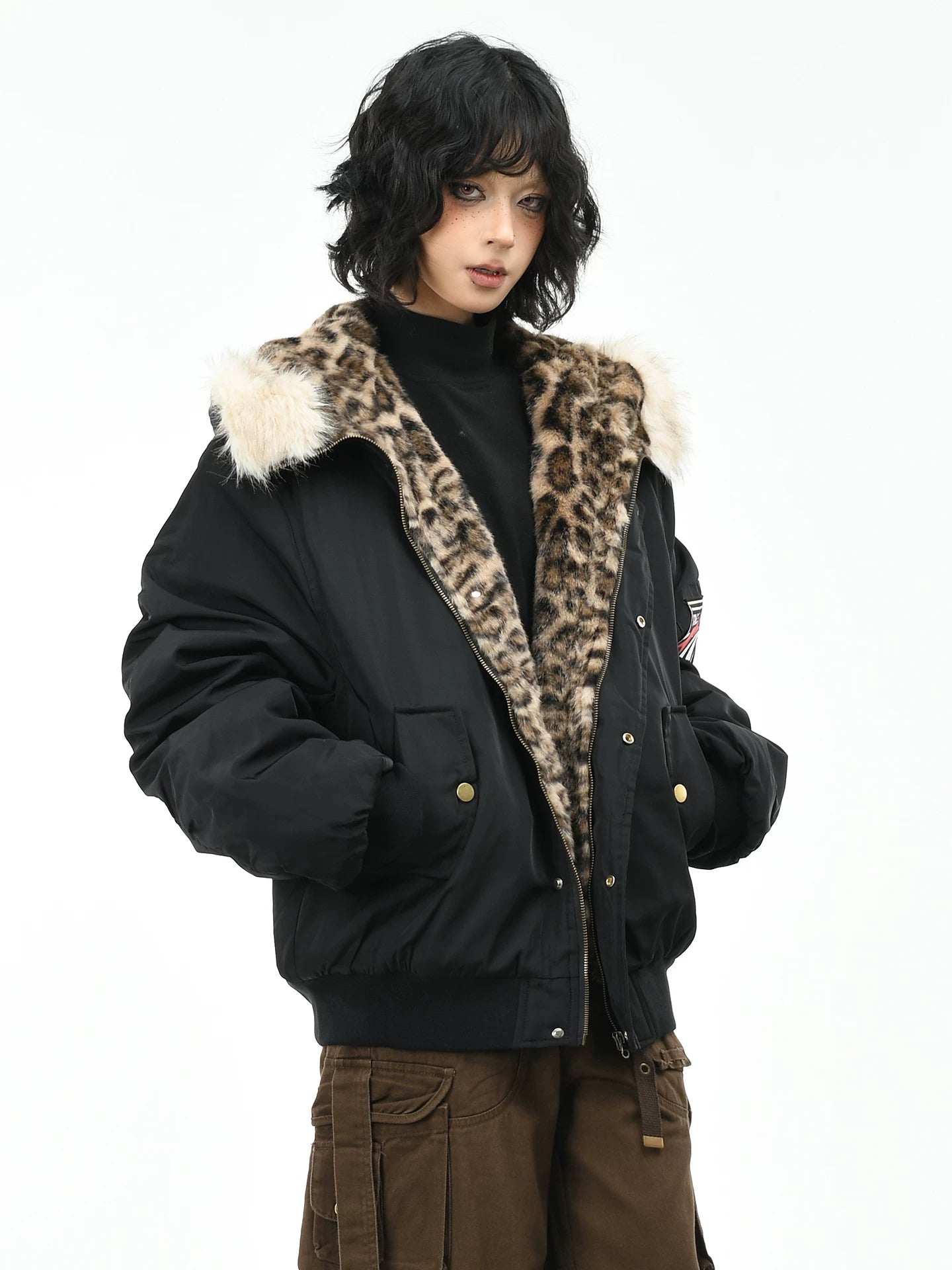 OV original American leopard print mountain carved fur collar hooded cotton jacket for women in winter, loose fitting cotton jacket for men, flying cotton jacket