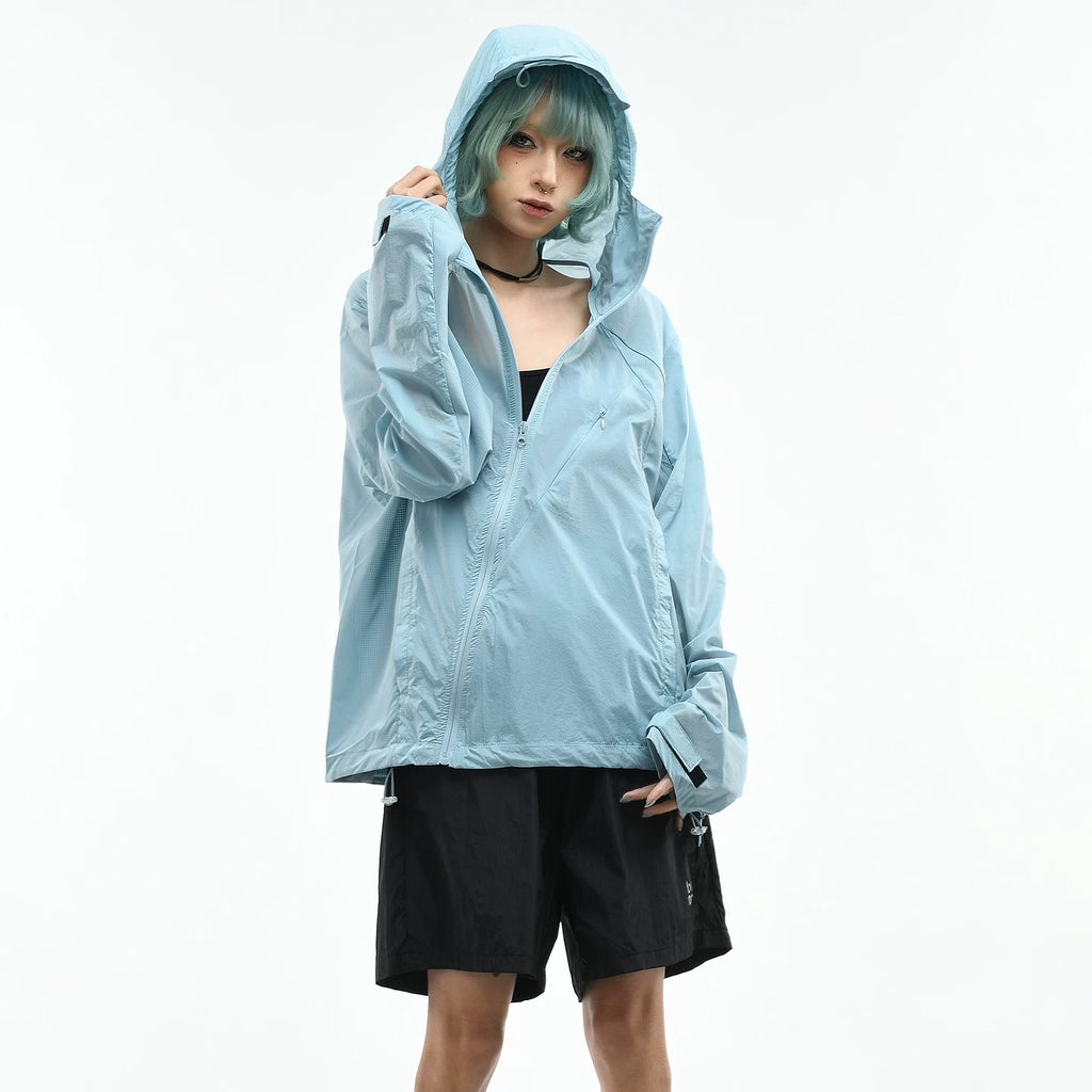 OV original diagonal zipper design outdoor hooded sunscreen jacket for women, summer loose breathable quick drying sunscreen jacket for men