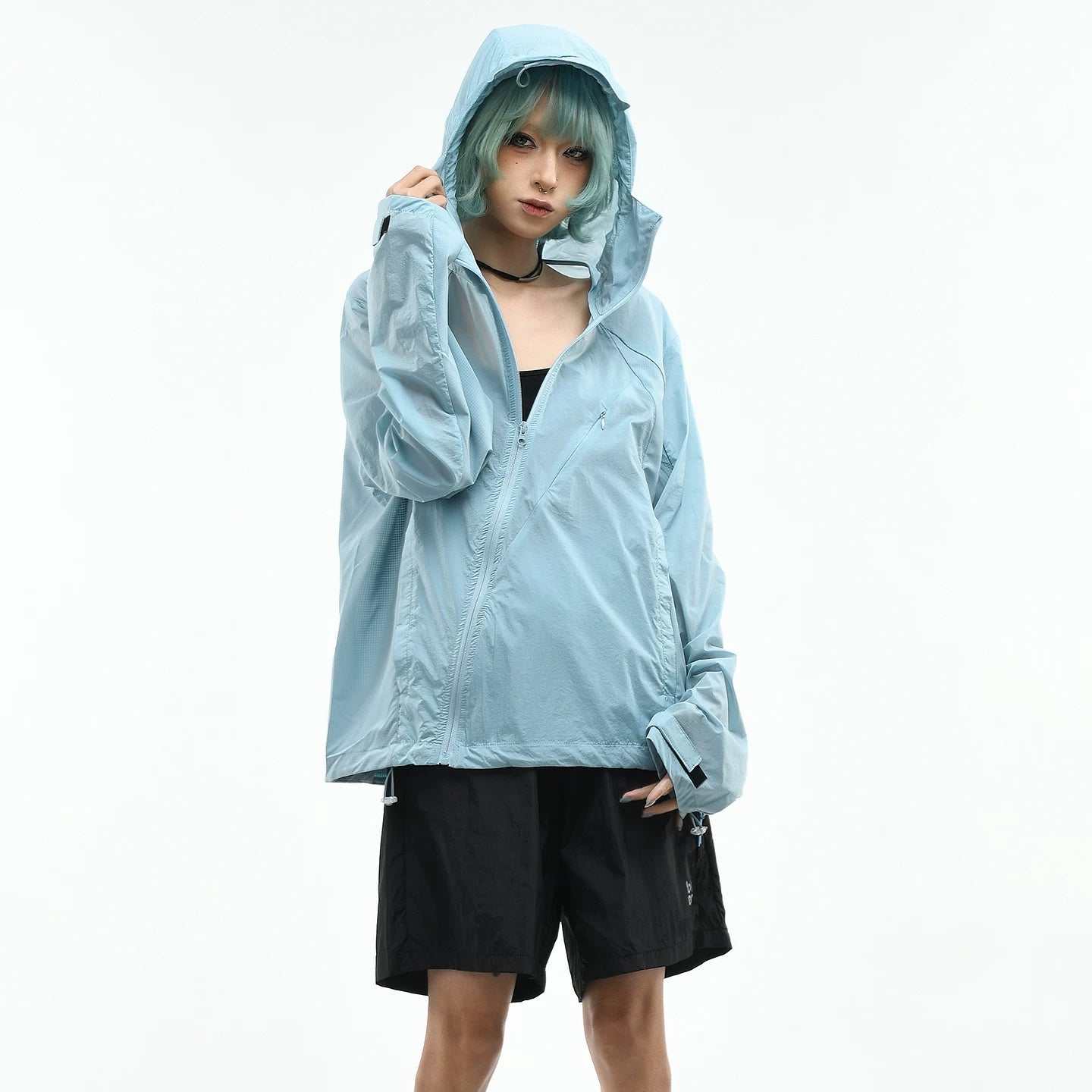OV original diagonal zipper design outdoor hooded sunscreen jacket for women, summer loose breathable quick drying sunscreen jacket for men