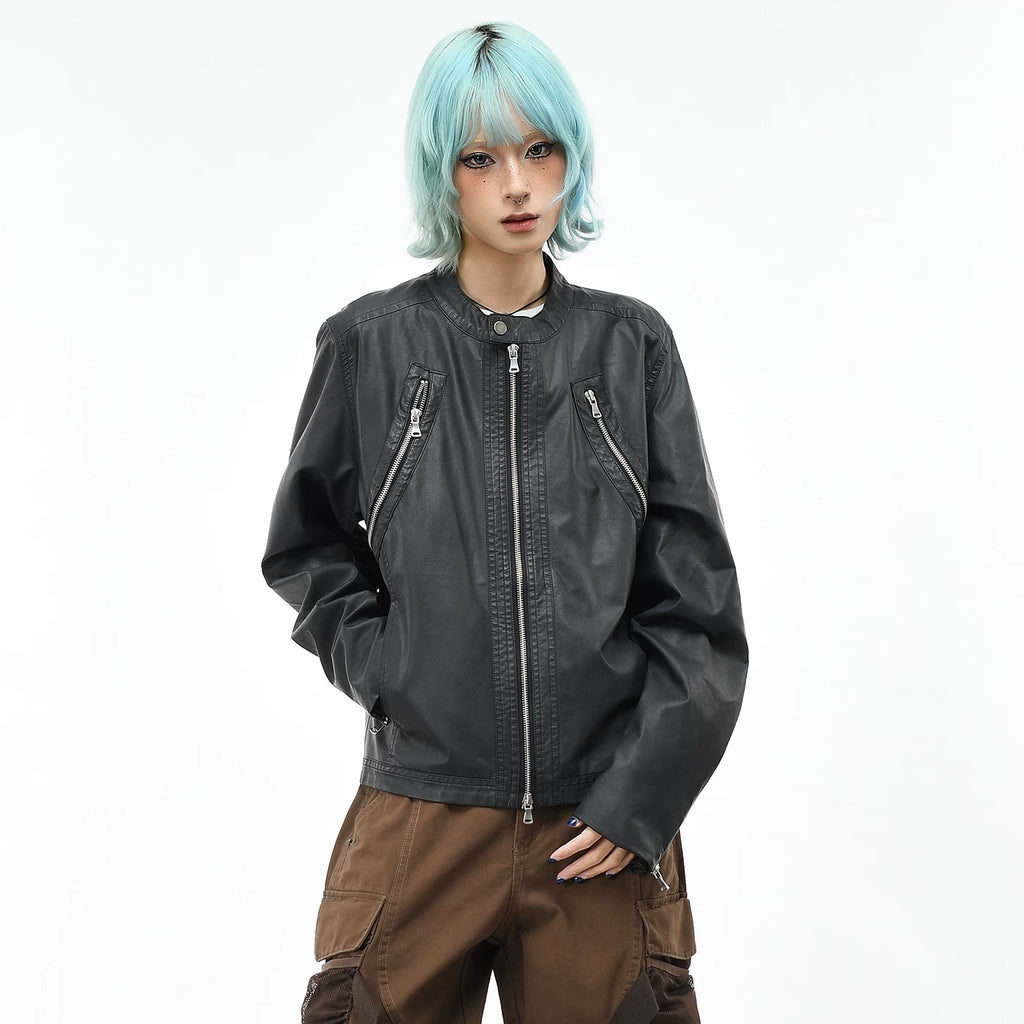 OV original high street motorcycle style PU leather jacket with stand up collar, men's and women's autumn zipper design, cool and stylish short jacket