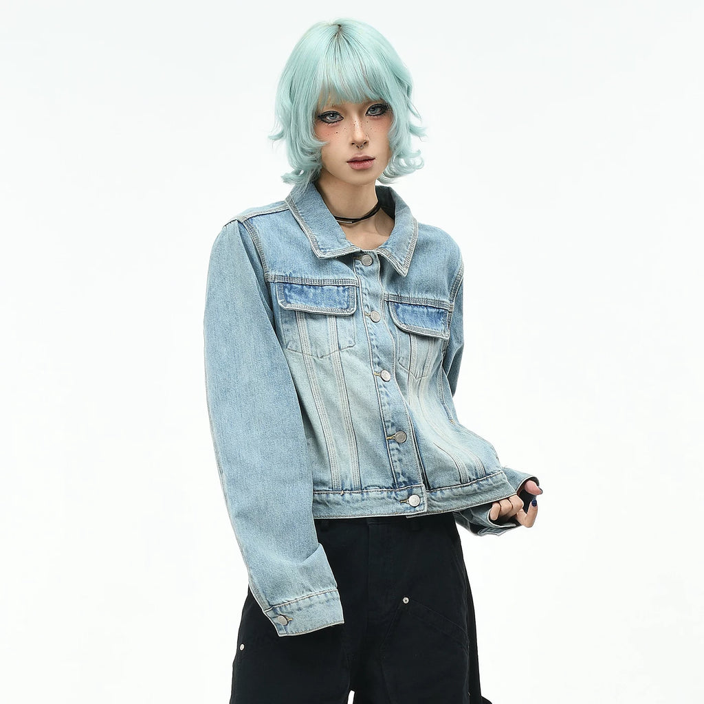 OV original high street retro deconstruction washed denim jacket women's autumn short slim fit jacket blue high-end trendy feeling