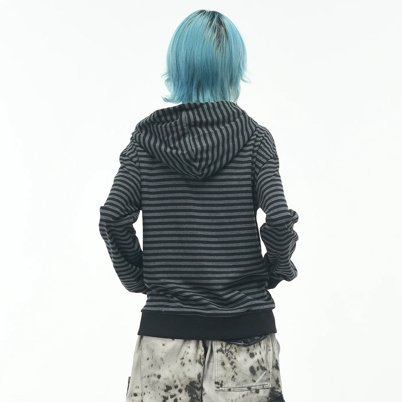 OV original subculture double breasted design striped hooded sweatshirt women's autumn slim fit short zipper cardigan jacket