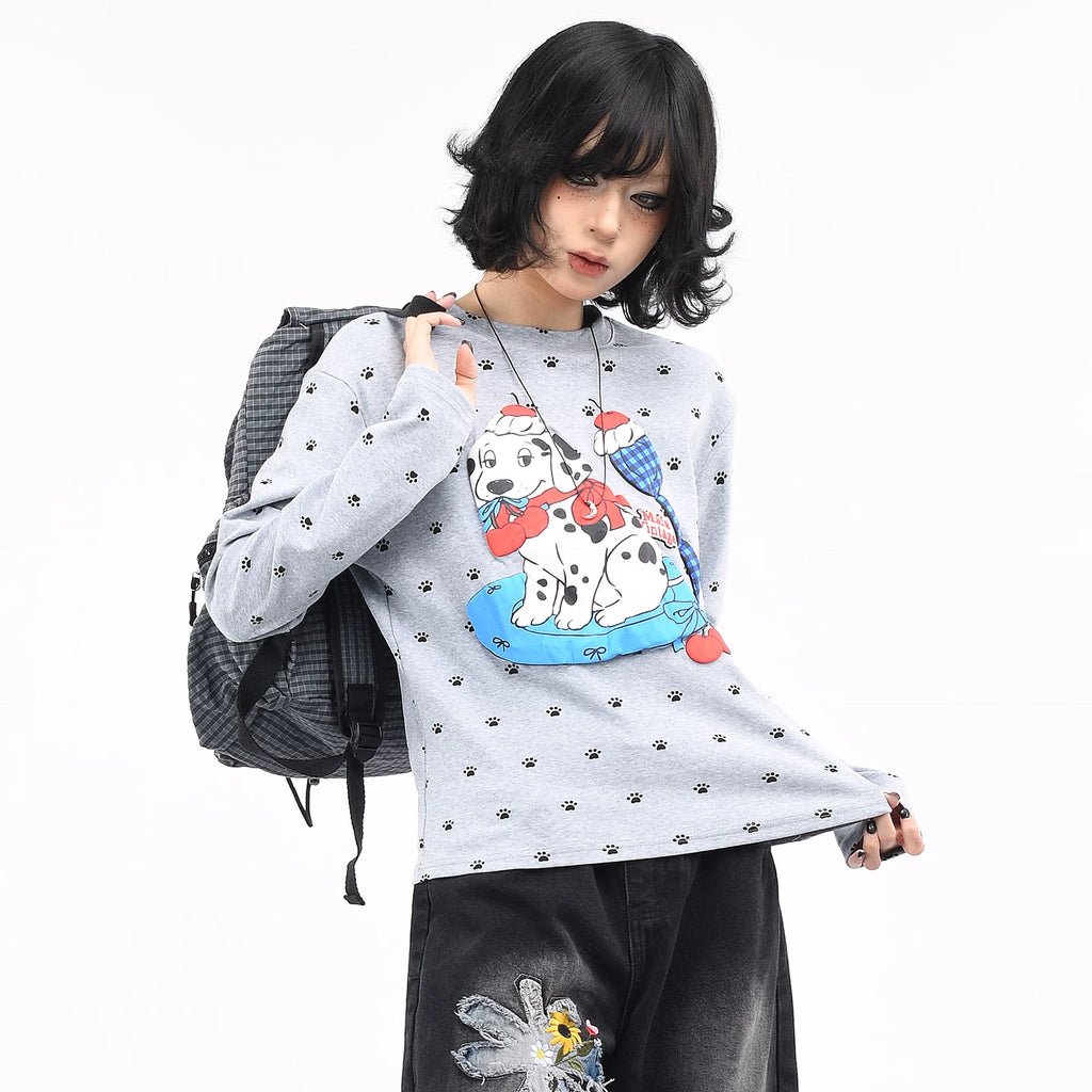 OV Original/American Fun Dog Foam Printed Long Sleeve T-shirt for Women Autumn Front Shoulder Short Casual Bottom Top