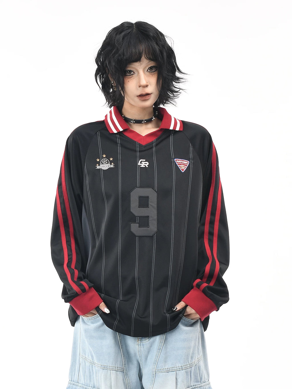 OV original American retro patchwork striped long sleeved T-shirt for men and women in autumn, loose contrasting color, digital embroidery V-neck jersey
