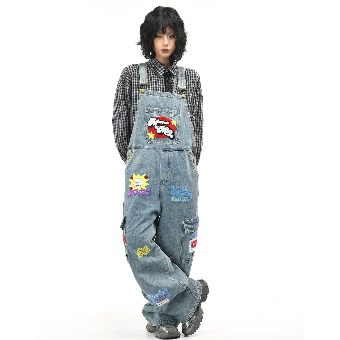 OV Original/American Plush Embroidery Washed Cowboy Strap Pants for Women Retro Loose Trendy Brand Ins jumpsuit Pants for Men