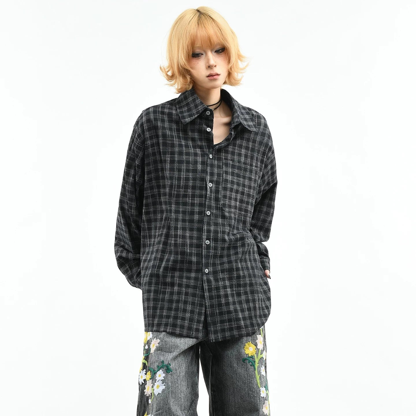 OV original American retro black checkered long sleeved shirt for women in spring, loose and high-end casual versatile shirt for men