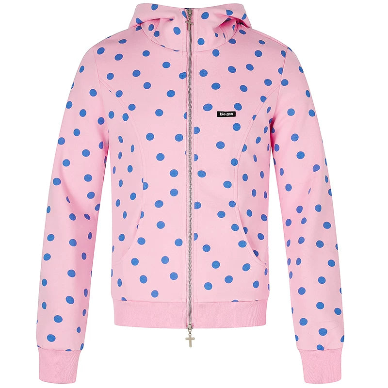 OV original Korean style polka dot print short hooded sweatshirt for women in autumn, college style, slim fit zipper cardigan jacket, trendy