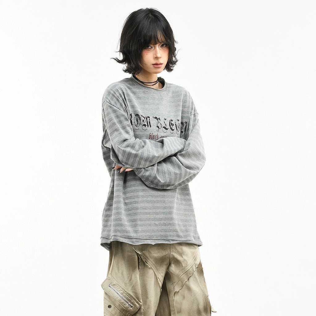 OV original/American retro striped letter printed long sleeved T-shirt for women's spring loose couple casual base top
