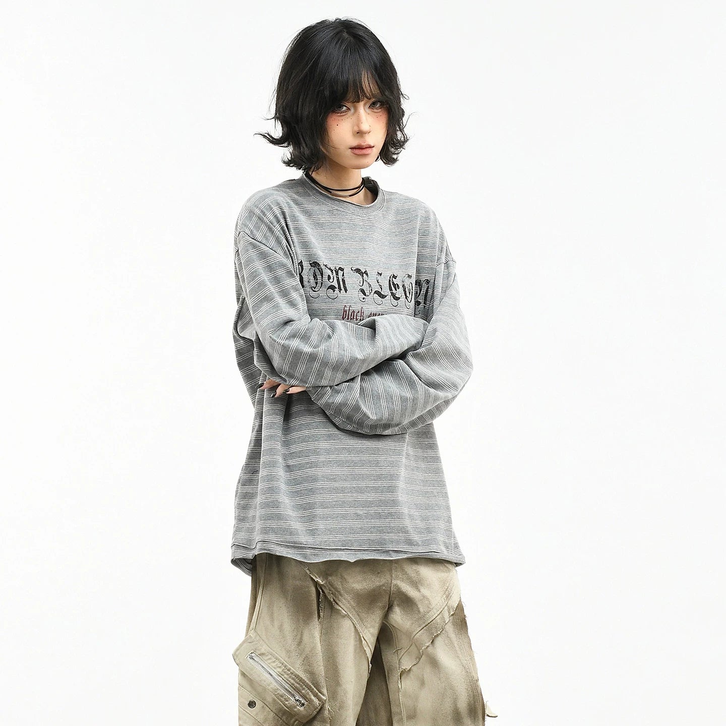 OV original/American retro striped letter printed long sleeved T-shirt for women's spring loose couple casual base top