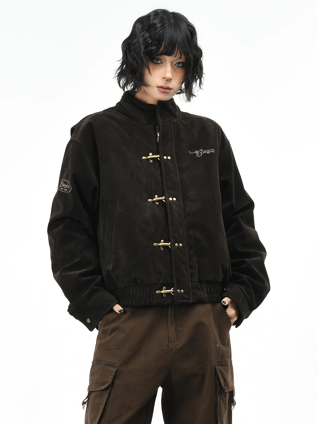 OV Original American Retro Leather Fleece Airplane Buckle Stand up Collar Short Down Jacket Women's Winter Thick Warm Thick Coat