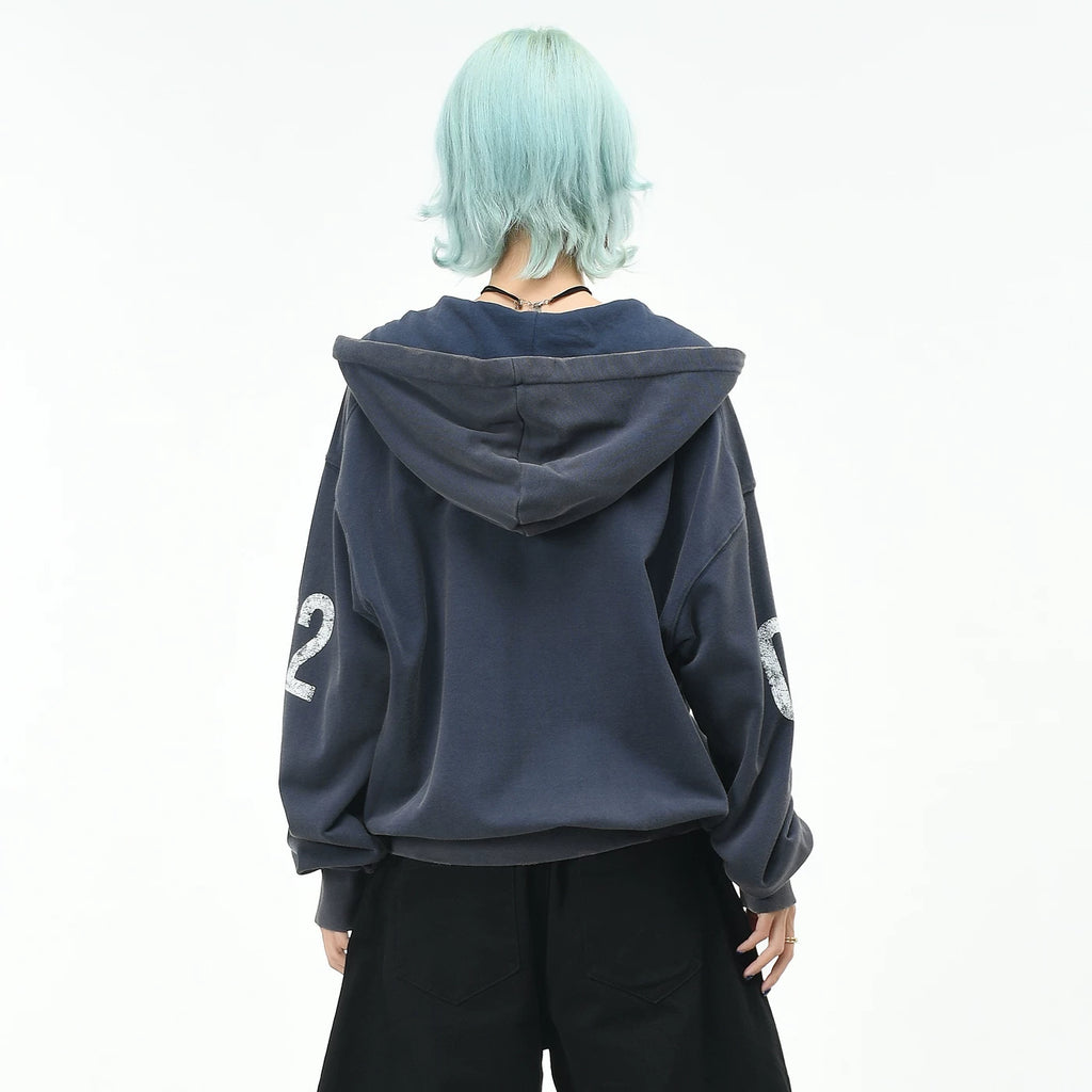 OV original retro mottled letter vintage hooded sweatshirt for men and women autumn street loose short cardigan jacket trendy