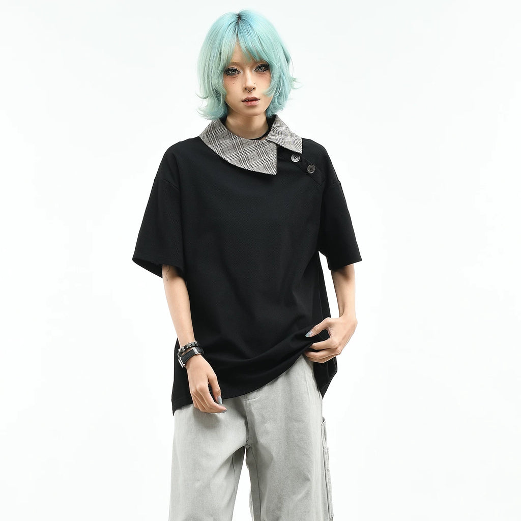 OV original/American slanted placket design short sleeved polo shirt for women in summer, loose and luxurious, contrasting color collar T-shirt for men