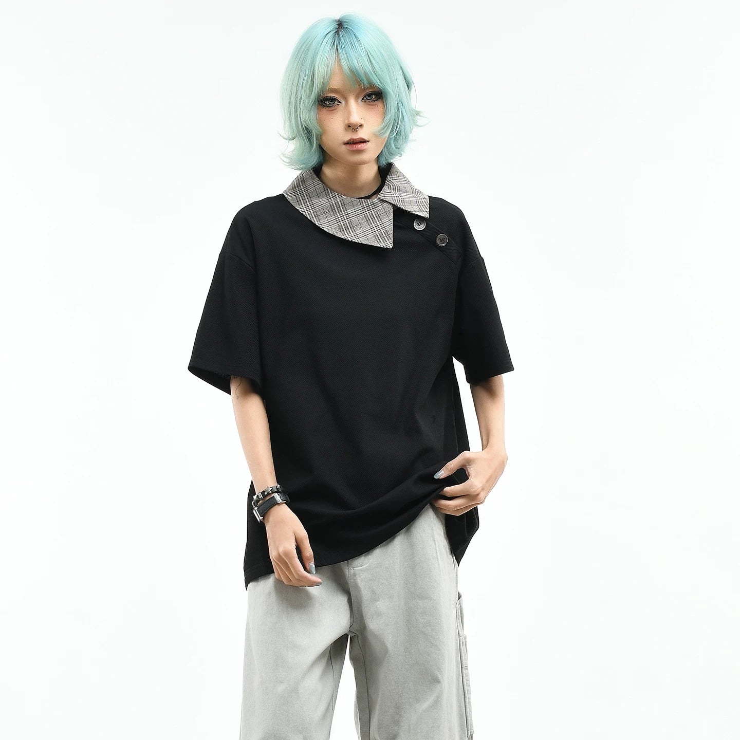 OV original/American slanted placket design short sleeved polo shirt for women in summer, loose and luxurious, contrasting color collar T-shirt for men