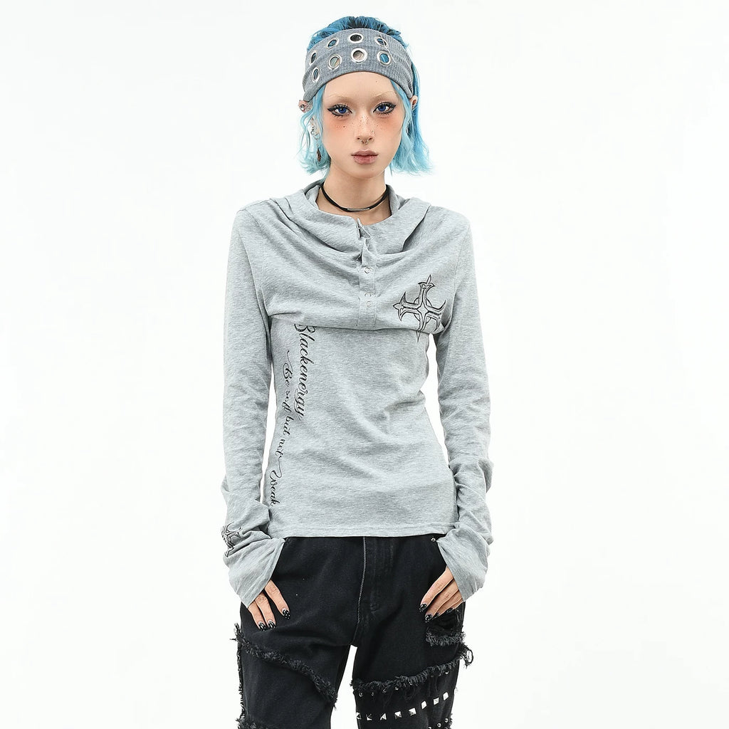 OV original/subculture Henry collar hooded long sleeved T-shirt for women's autumn slim fit short cross print top trend