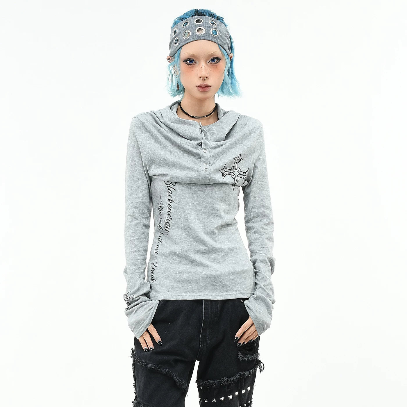 OV original/subculture Henry collar hooded long sleeved T-shirt for women's autumn slim fit short cross print top trend