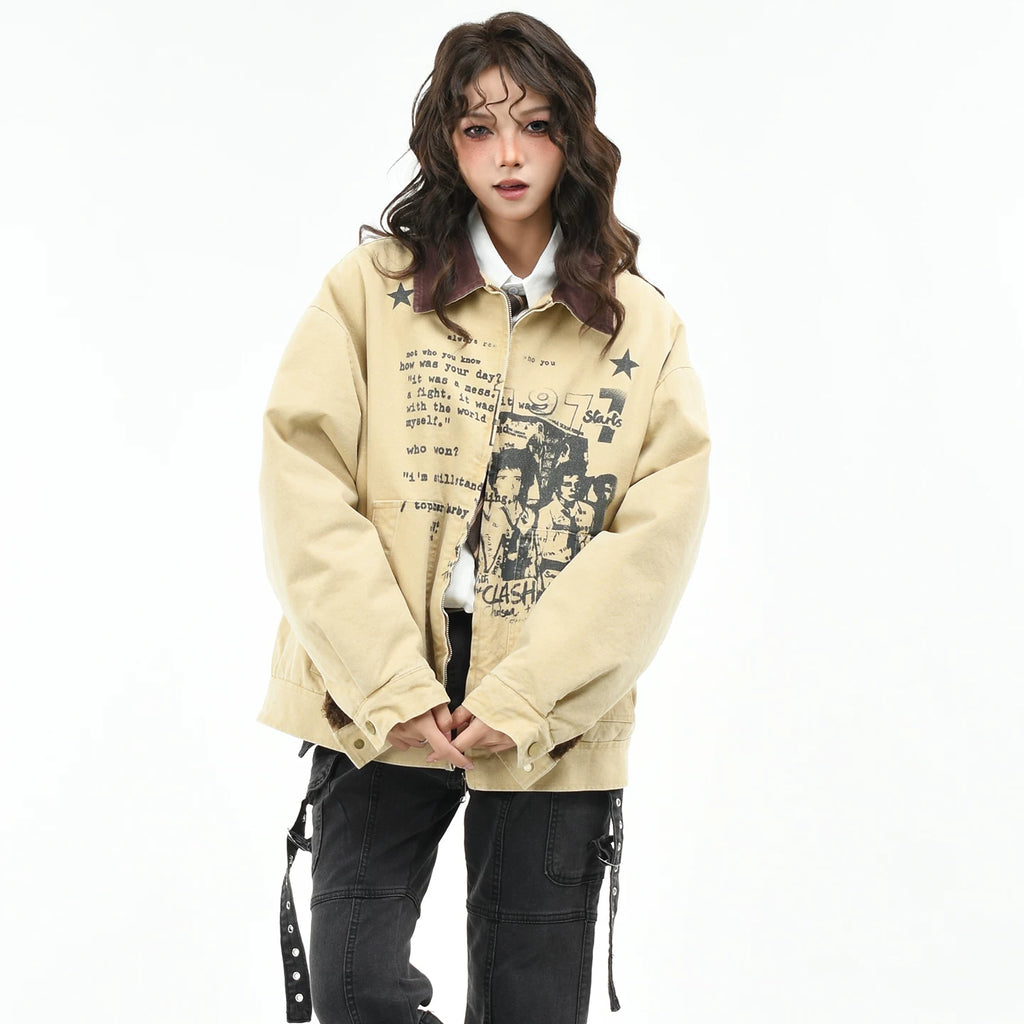 OV Original American Retro Character Printed Detroit Velvet Jacket Women's Winter Loose Vintage Warm Cotton Jacket Men