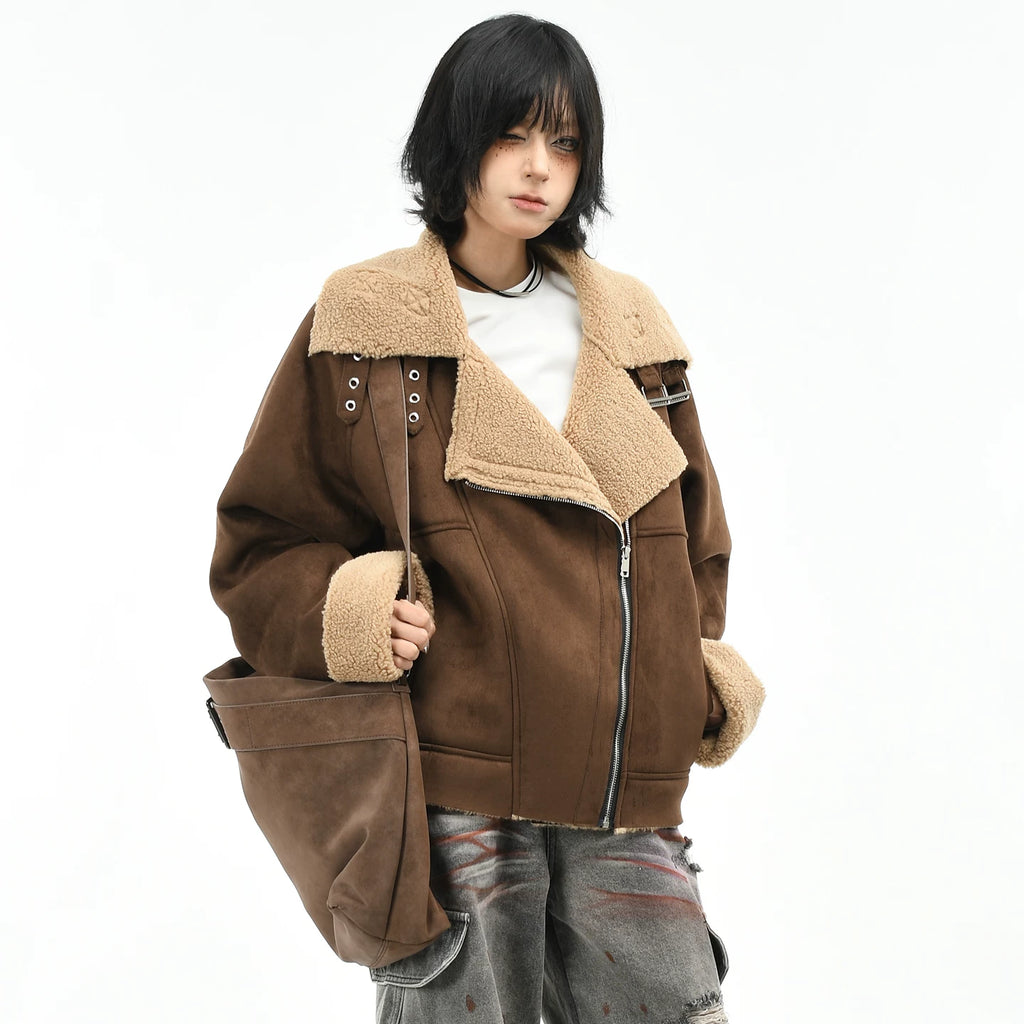OV original American retro suede fur integrated fleece jacket for women in winter, short jacket for men, trendy