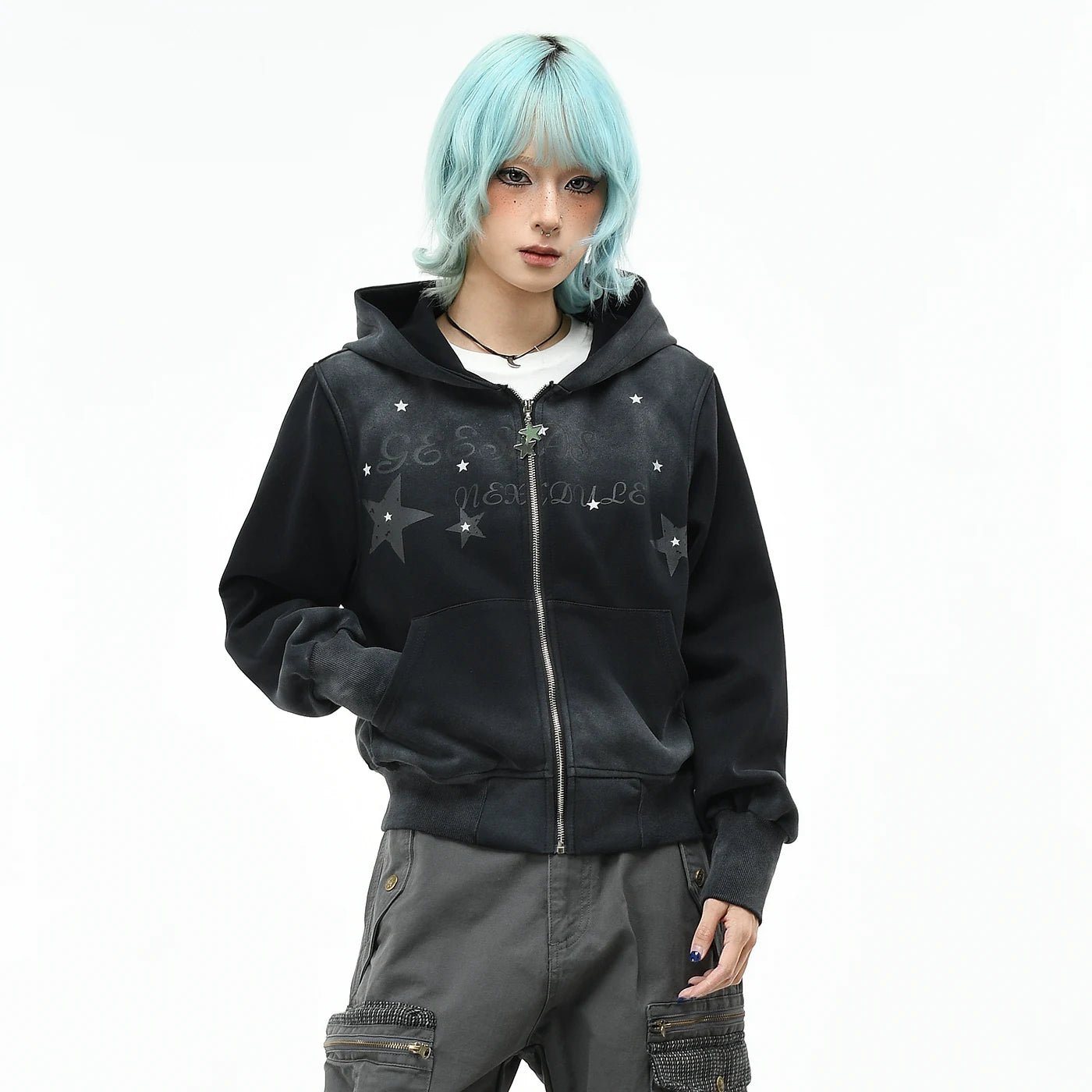 OV original retro star print dirty dye vintage hooded sweatshirt women's autumn short zipper cardigan trendy brand jacket