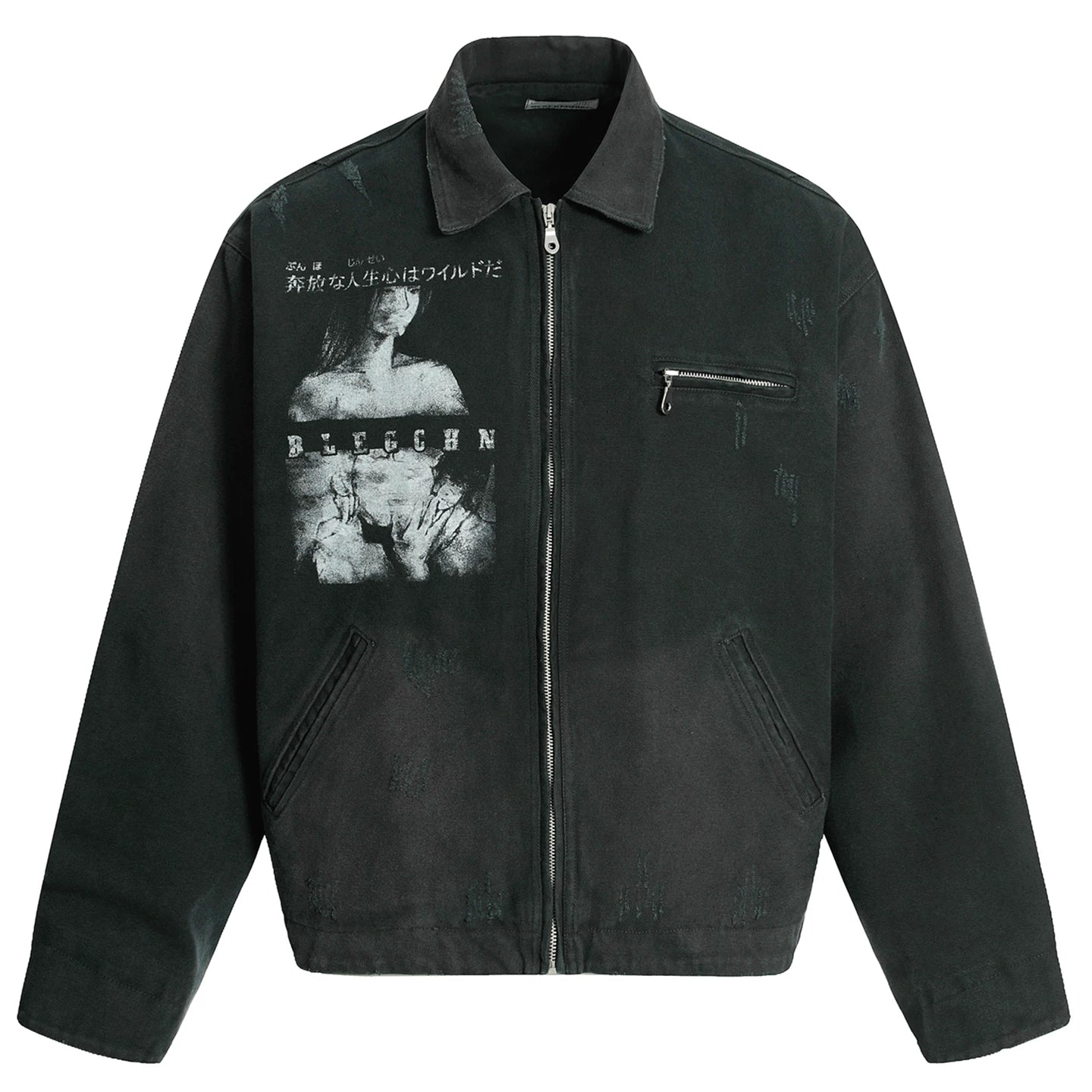 OV original American retro character print distressed washed workwear jacket for men and women in autumn loose collar jacket trend