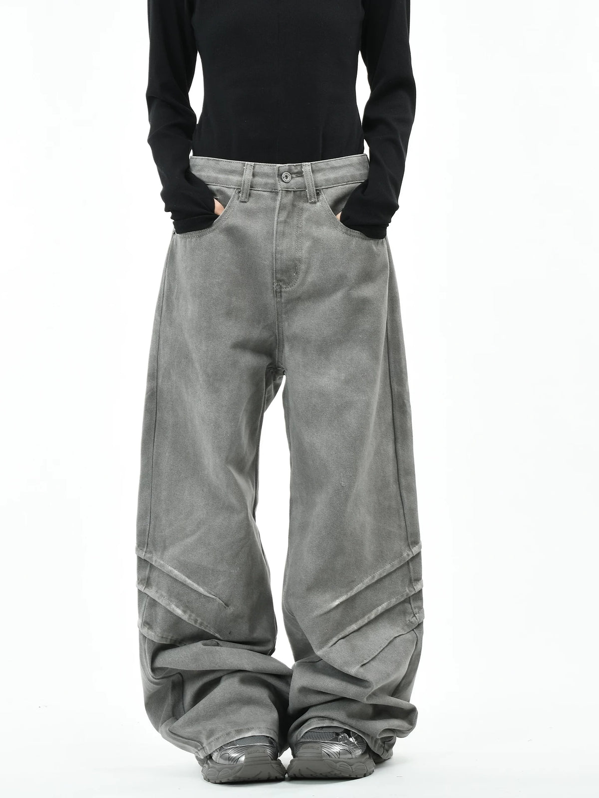 OV original American style dirty dyed distressed folded washed denim jeans for men and women, loose wide leg pants for the streets, men's fashion