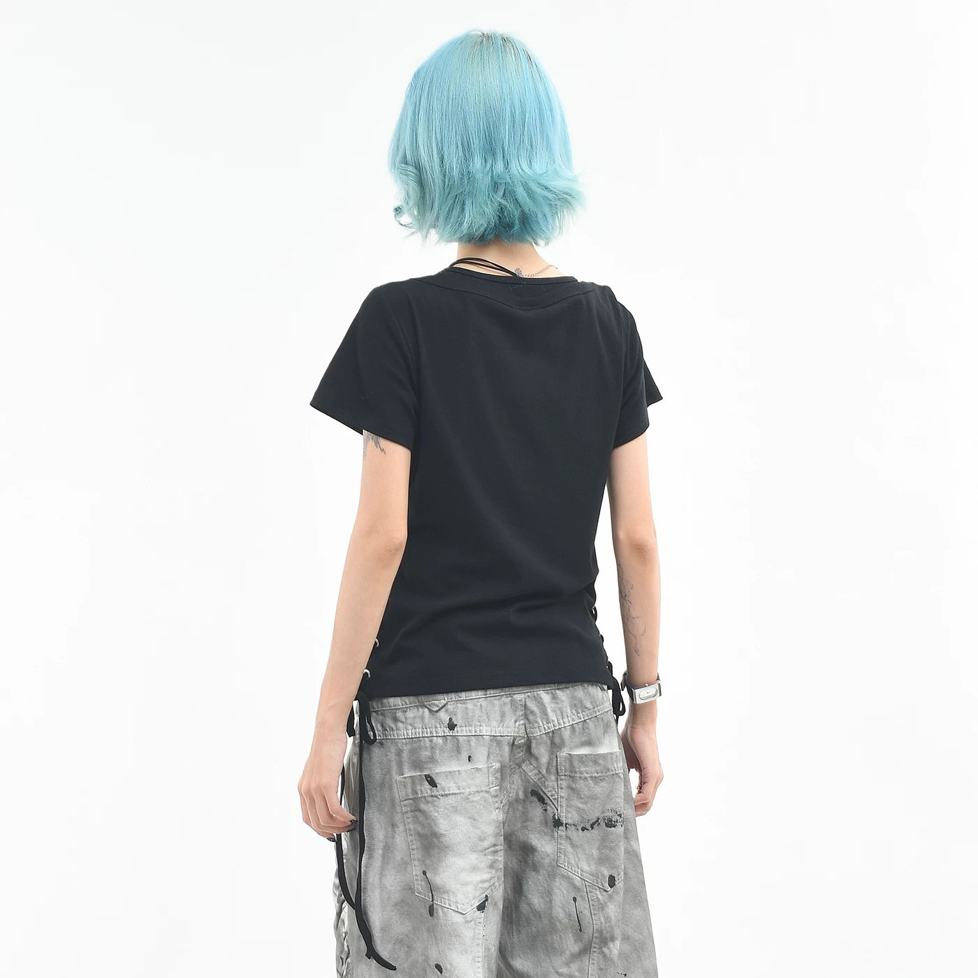 OV original/light Asian style graffiti strap design shoulder short sleeved T-shirt for women's summer slim fit short style spicy girl top trend