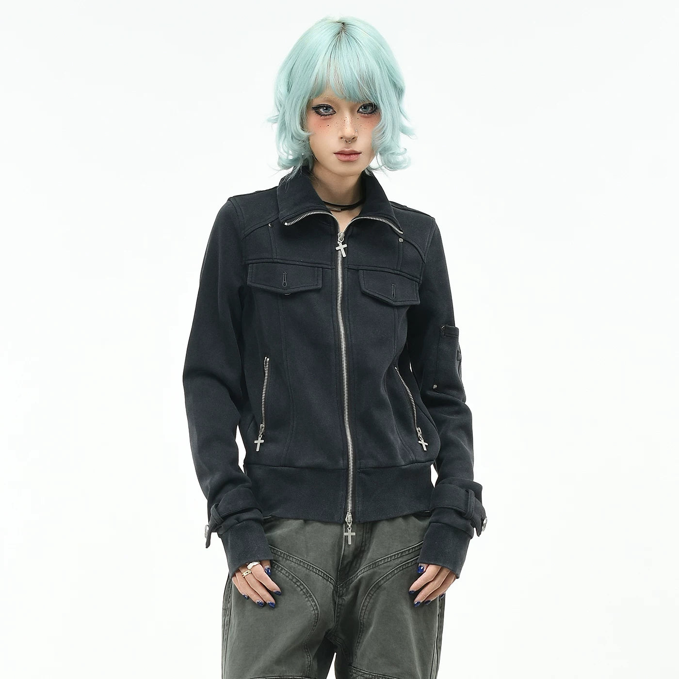 OV original American fashion brand vintage short standing collar jacket for women's autumn slim fit metal buckle zipper cardigan jacket trend