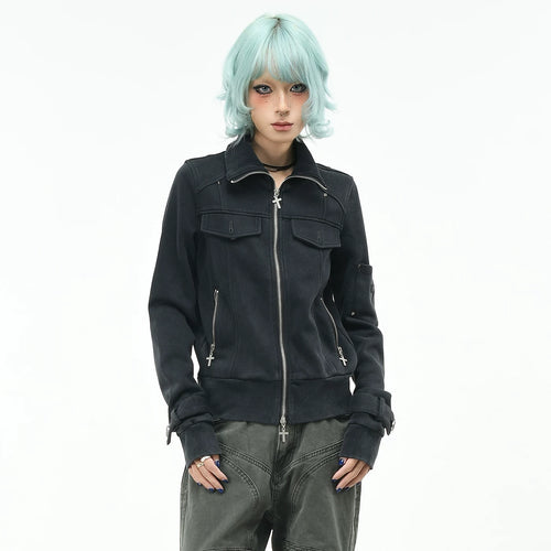 OV original American fashion brand vintage short standing collar jacket for women's autumn slim fit metal buckle zipper cardigan jacket trend