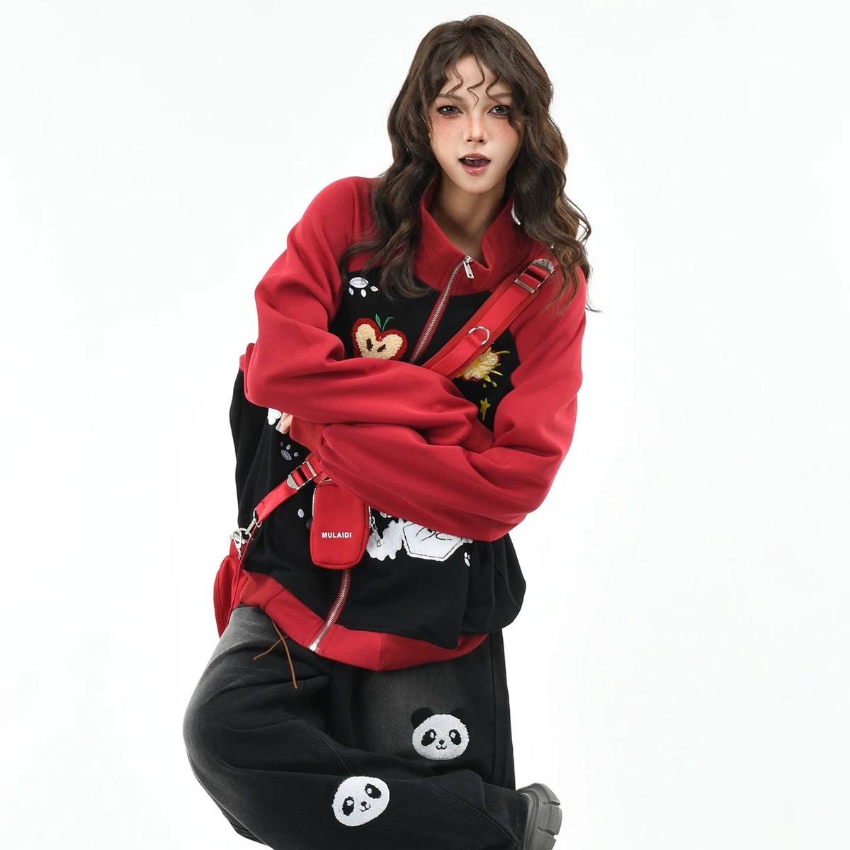 OV original fun cartoon towel embroidery cardigan zipper sweatshirt women's autumn contrasting color couple loose stand up collar jacket
