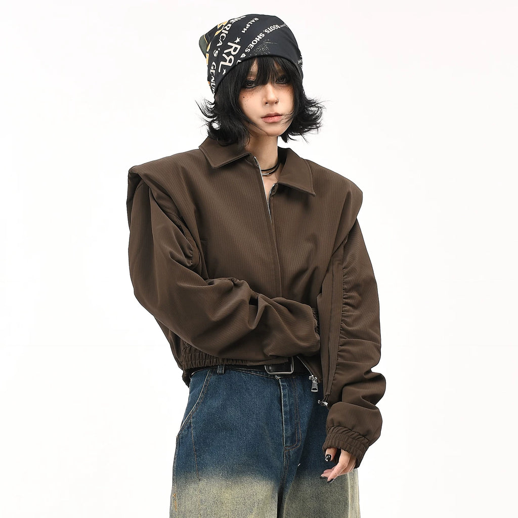 OV Original American Retro Shoulder Cushion Coffee Color Short Coat for Women, Autumn Luxury, Casual Collar Jacket, Trendy Top