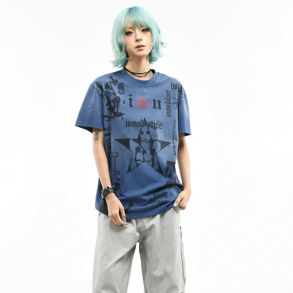 OV original/street light Asian style figure printed short sleeved T-shirt for women in summer, loose, vintage, trendy, cool shoulder top for men