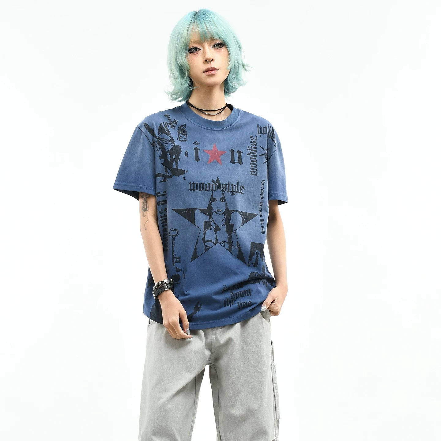 OV original/street light Asian style figure printed short sleeved T-shirt for women in summer, loose, vintage, trendy, cool shoulder top for men