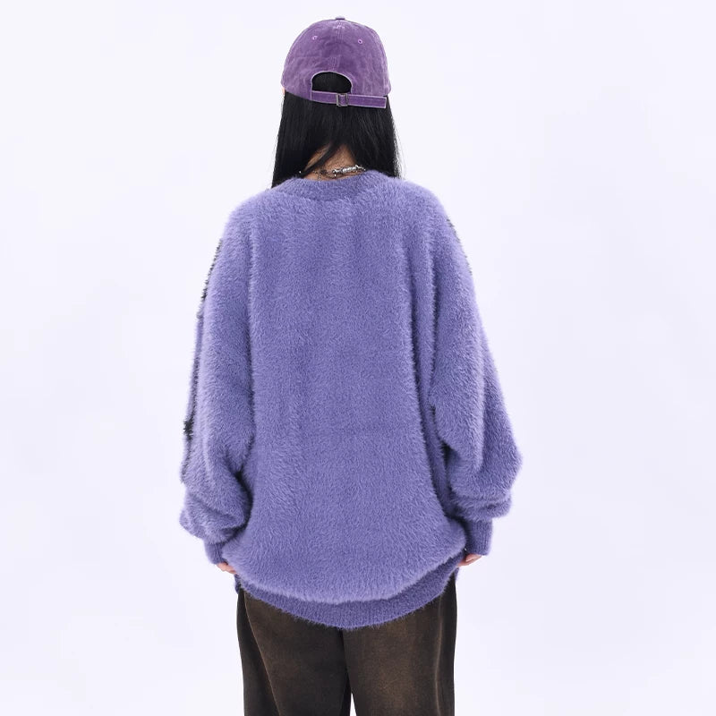 OV original autumn and winter high street retro jacquard design round neck sweater for men and women loose mohair lazy knit sweater trend