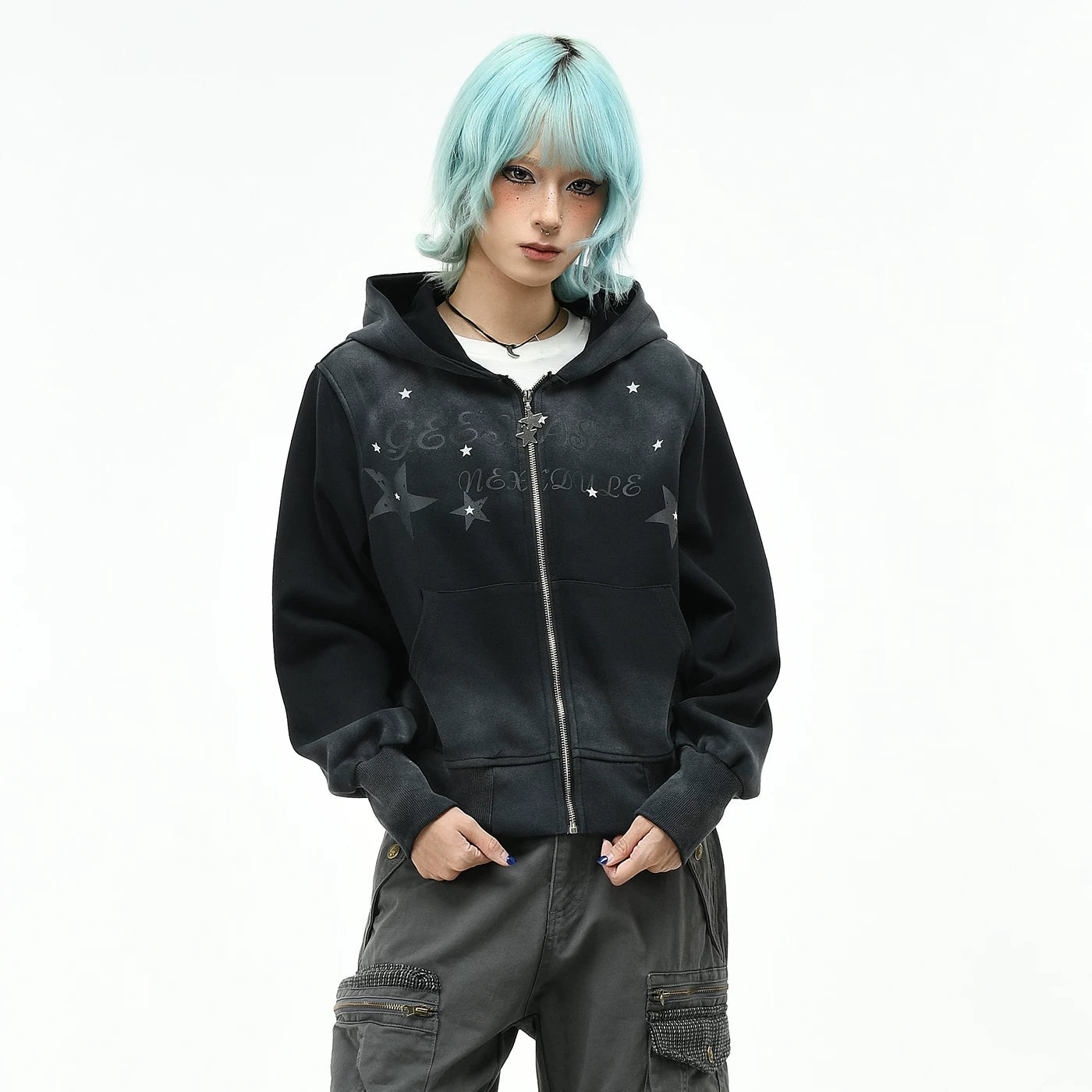 OV original retro star print dirty dye vintage hooded sweatshirt women's autumn short zipper cardigan trendy brand jacket