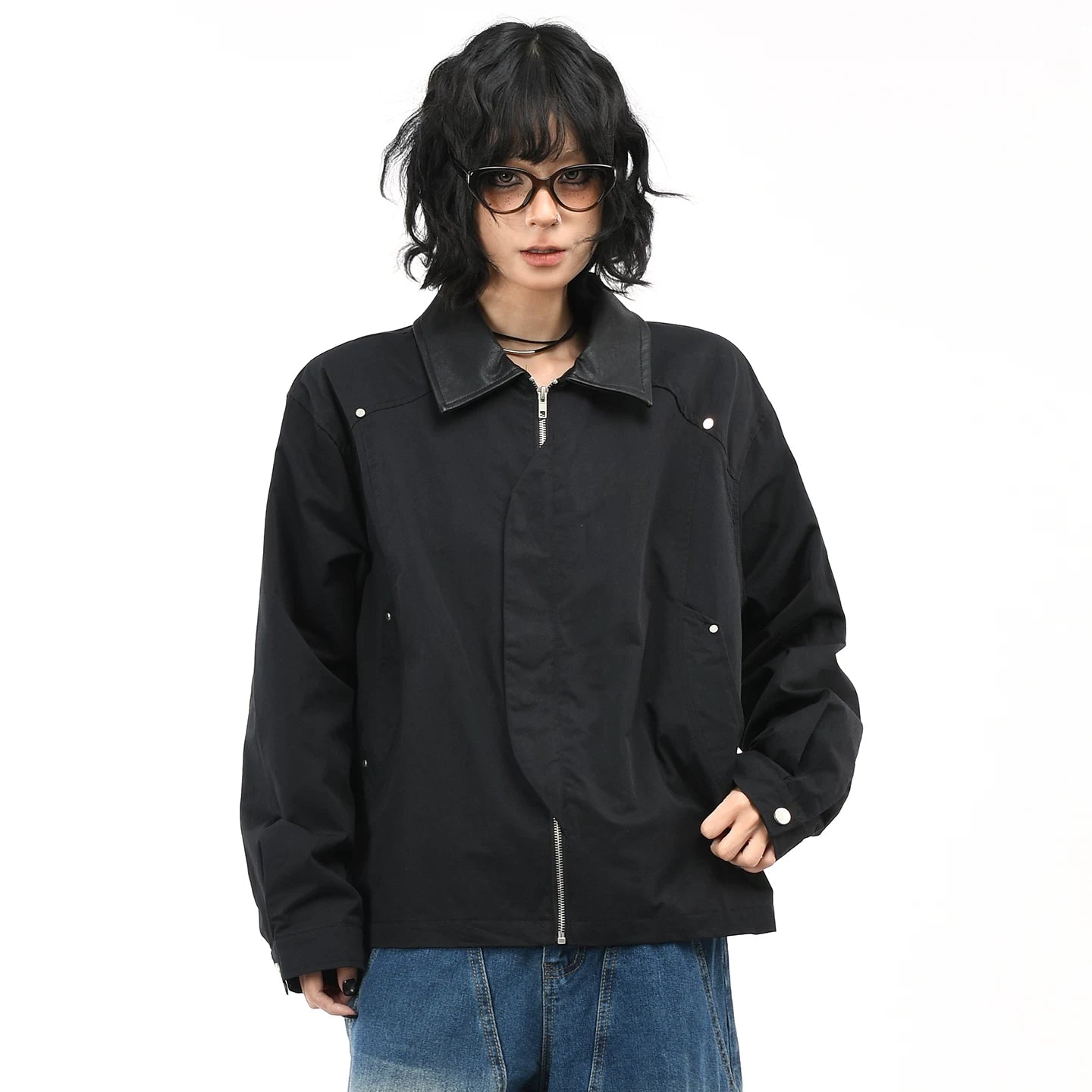 OV original American washed leather collar patchwork short jacket for men and women autumn street fashion brand loose workwear jacket trend
