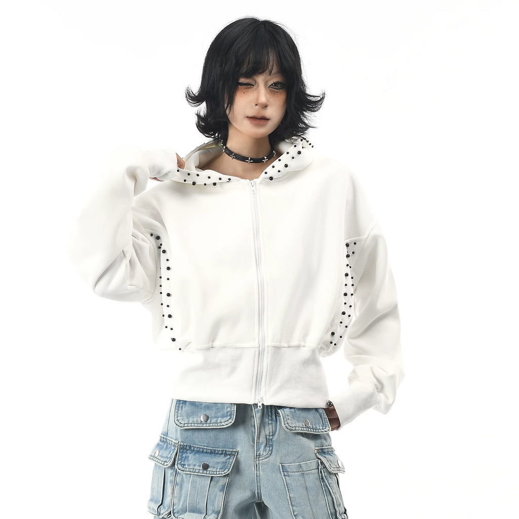 OV original American three-dimensional pearl design sense short hooded sweatshirt for women in autumn lazy style loose cardigan jacket