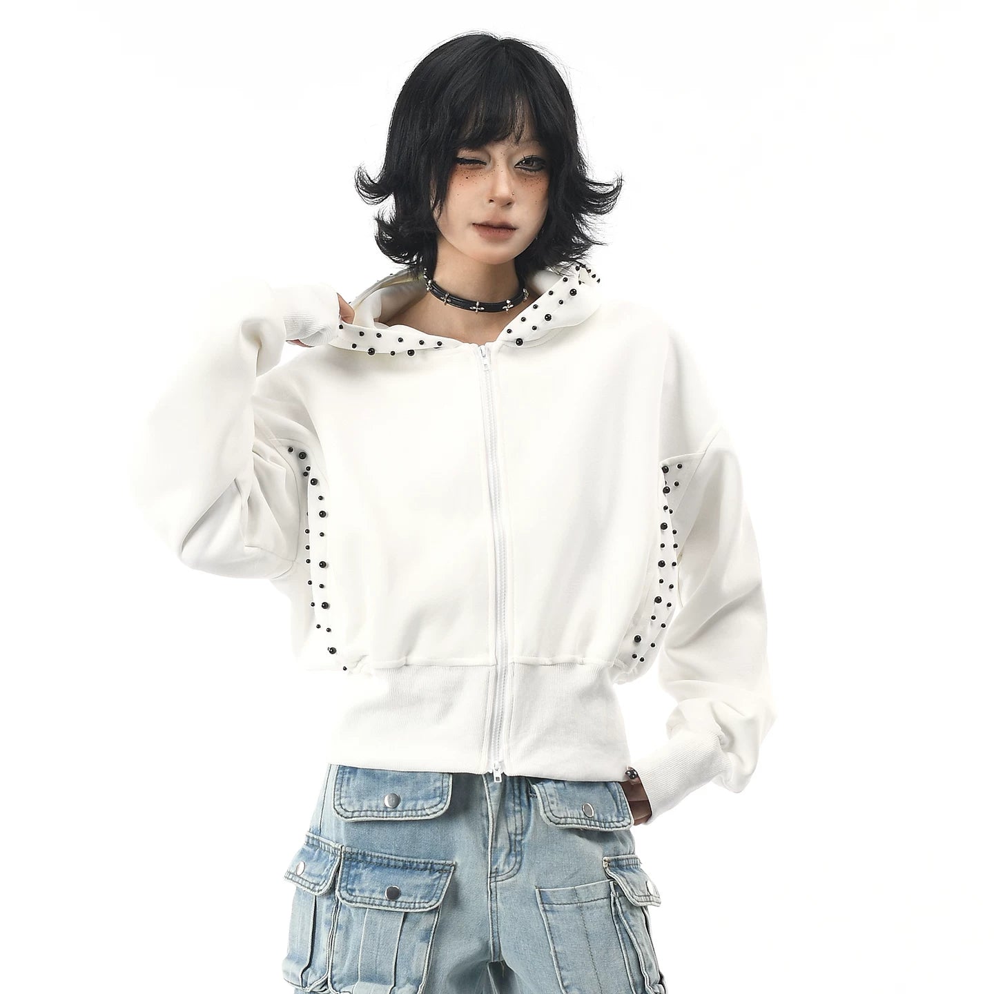 OV original American three-dimensional pearl design sense short hooded sweatshirt for women in autumn lazy style loose cardigan jacket