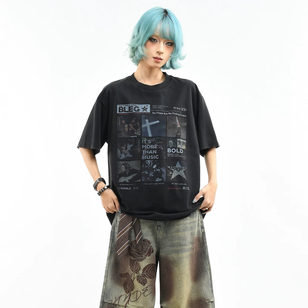 OV original/American rock character printed short sleeved T-shirt for women in summer, loose and vintage trendy brand high street style top for men