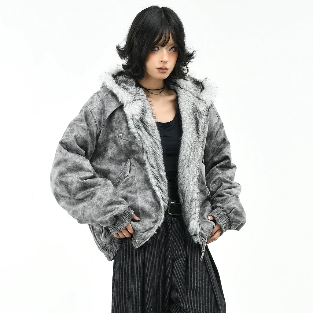 OV original American tie dye mountain carving hooded cotton jacket for women in winter retro loose couple warm cotton clothes trend