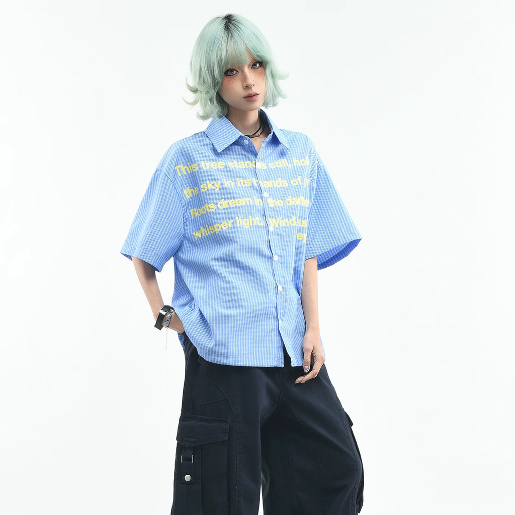 OV original college style letter graffiti checkered short sleeved shirt for women in summer, loose fitting for couples, casual American style shirt for men