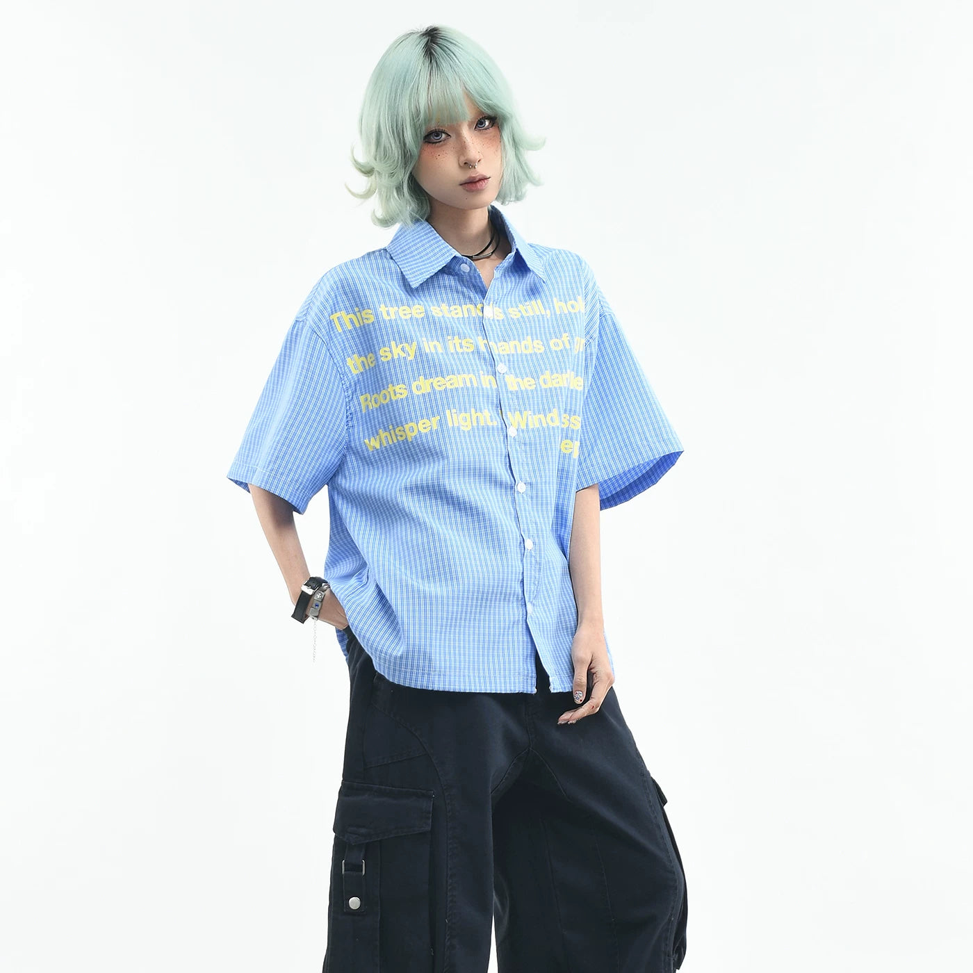 OV original college style letter graffiti checkered short sleeved shirt for women in summer, loose fitting for couples, casual American style shirt for men