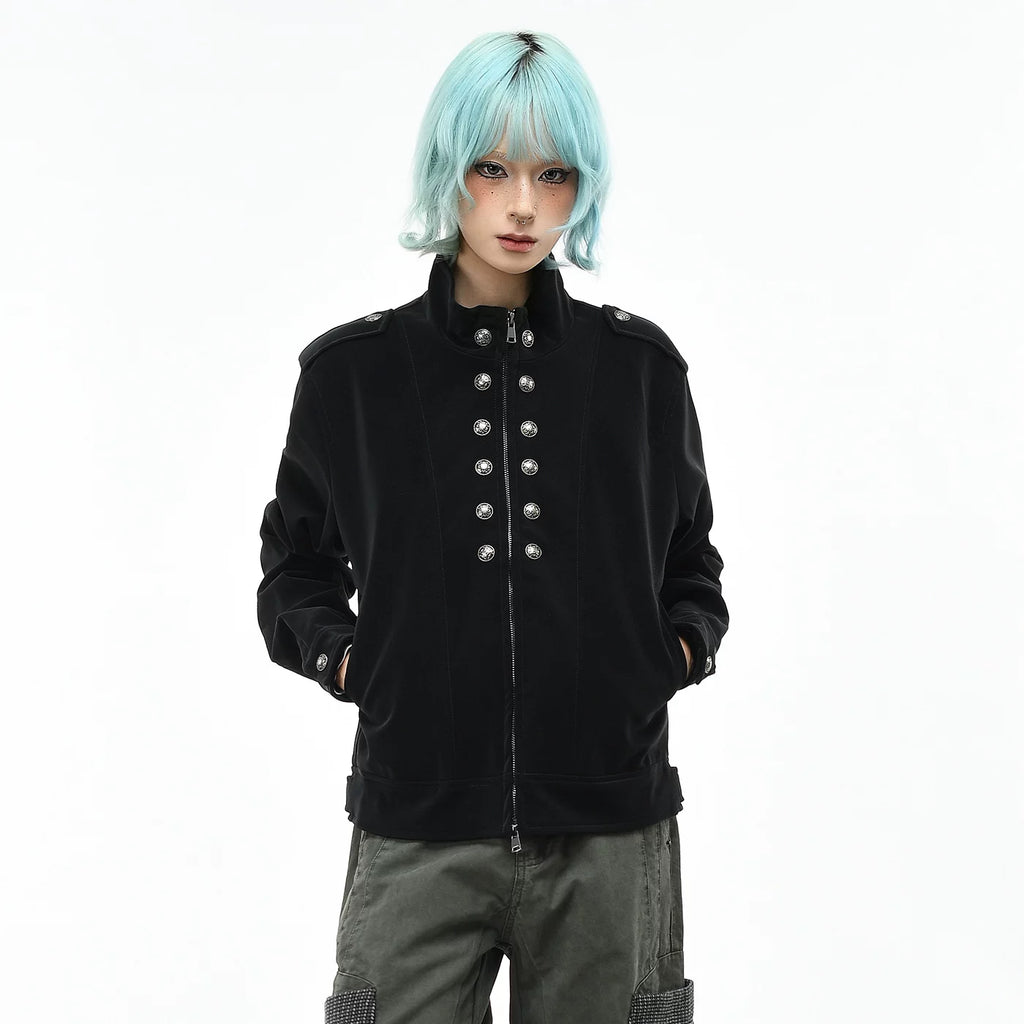 OV original retro Baroque style buckle design PU leather jacket for men and women autumn loose short standing collar jacket jacket
