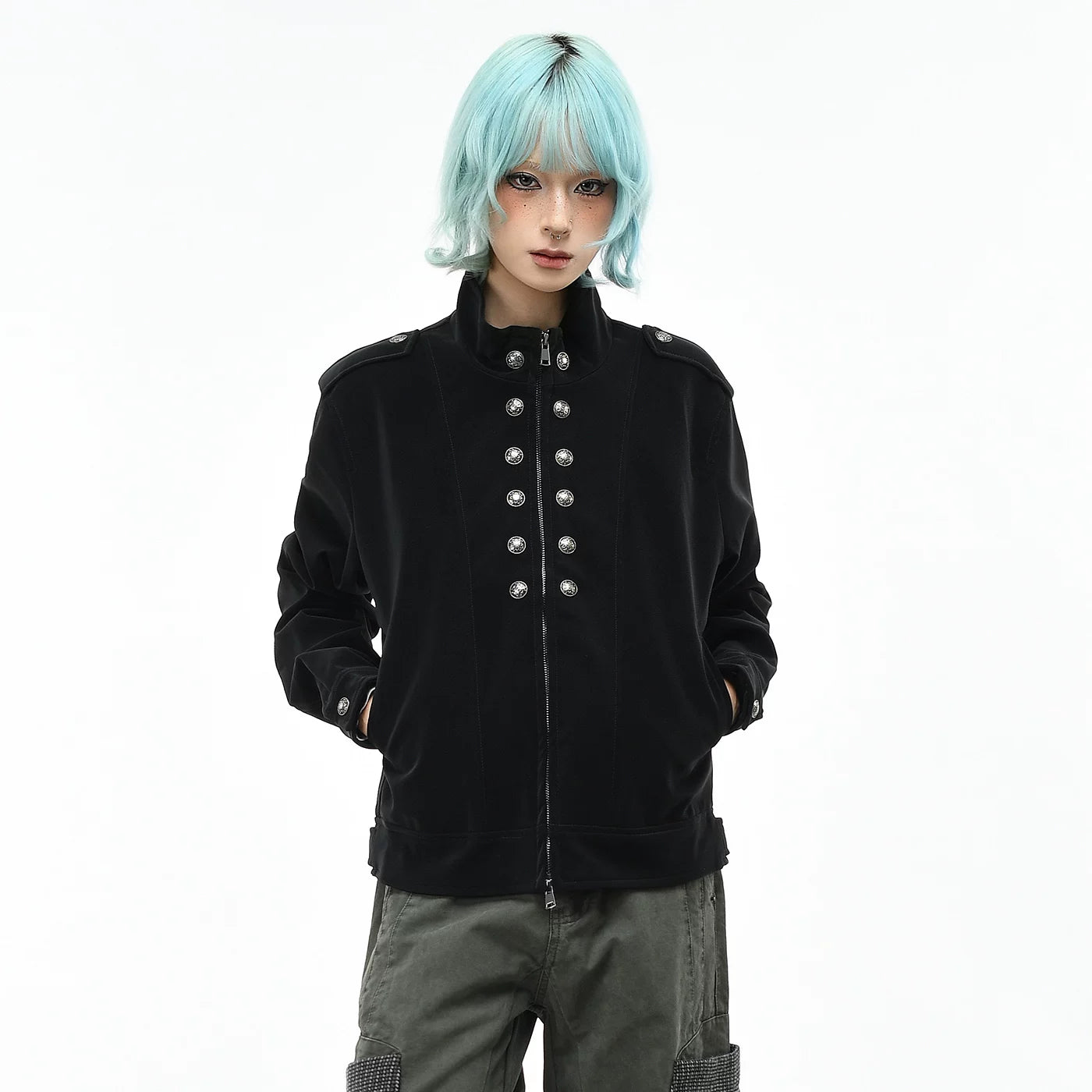 OV original retro Baroque style buckle design PU leather jacket for men and women autumn loose short standing collar jacket jacket