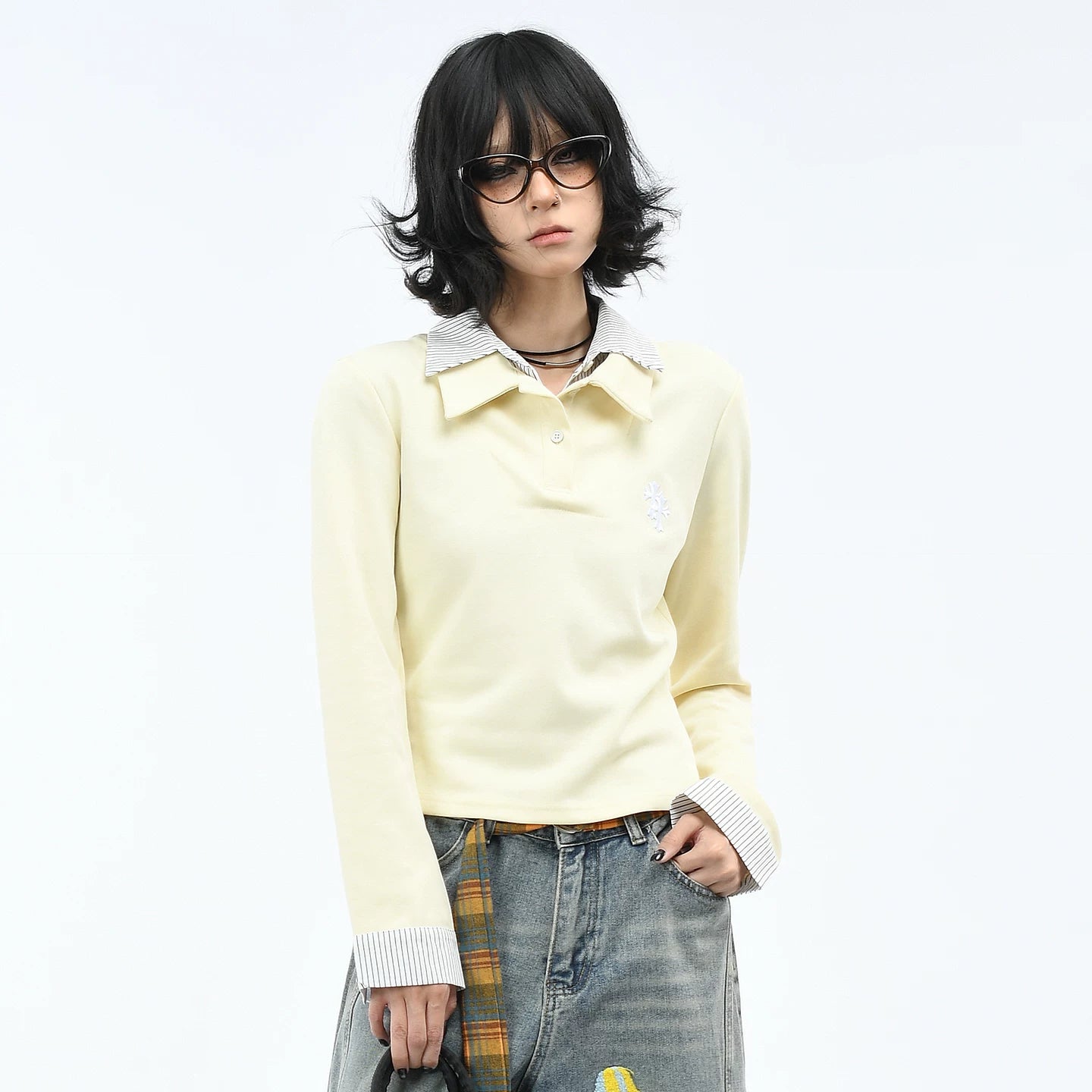 OV Original/American College Style Vacation Two POLO Collar Long Sleeve T-shirt for Women Autumn Short Shoulder Casual Top Trendy