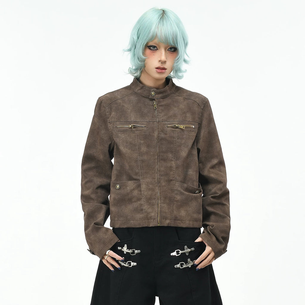 OV original American retro suede vintage stand up collar jacket for women's autumn slim fit short Harrington motorcycle jacket trend