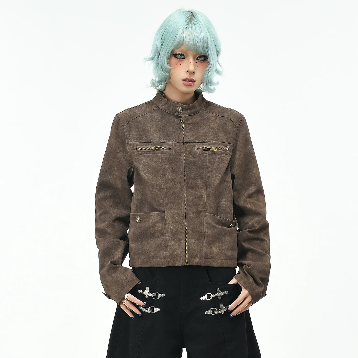 OV original American retro suede vintage stand up collar jacket for women's autumn slim fit short Harrington motorcycle jacket trend