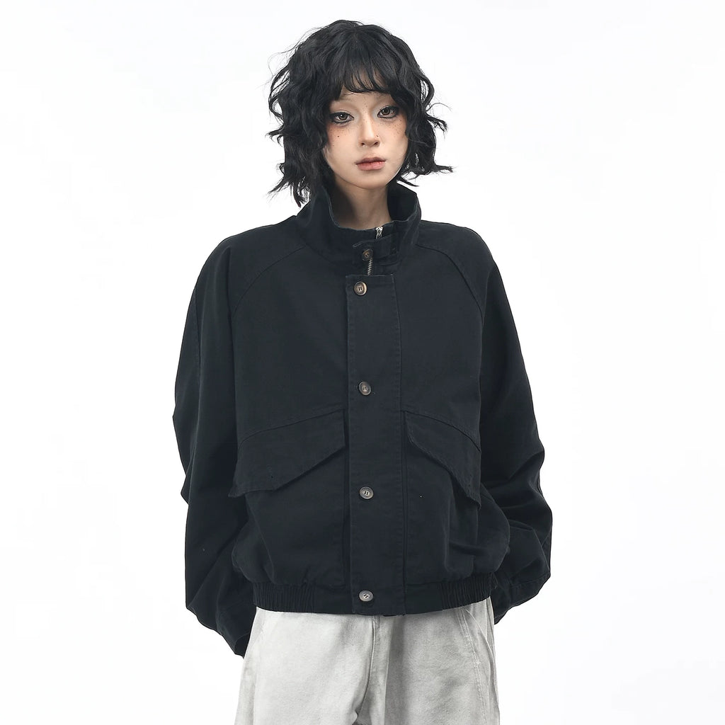 OV original American washed large pocket workwear jacket for men and women, autumn street loose casual couple stand up collar jacket